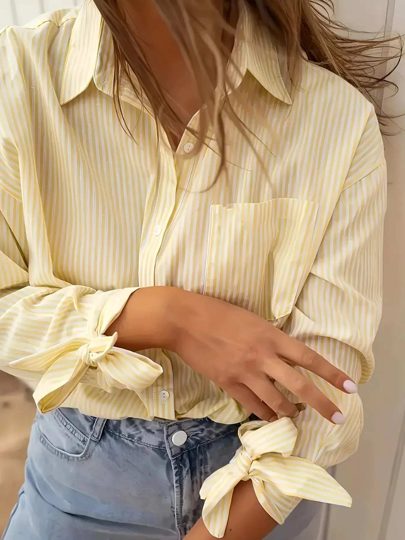 Striped Button Up Tie-Cuff Long Sleeve Shirt sold by Charming Charlie