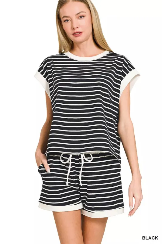 Zenana Stripe Contrast Trim Top & Shorts Set sold by Charming Charlie