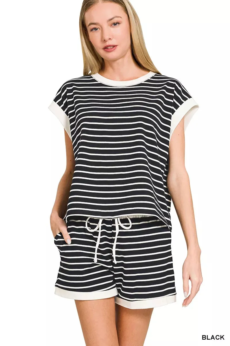 Zenana Stripe Contrast Trim Top & Shorts Set sold by Charming Charlie