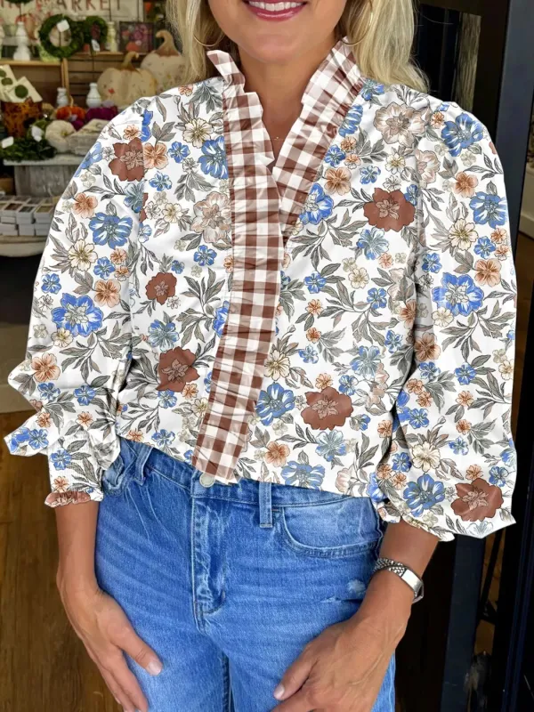 Plaid Frilled Trim V Neck Floral Long Sleeve Blouse sold by Charming Charlie