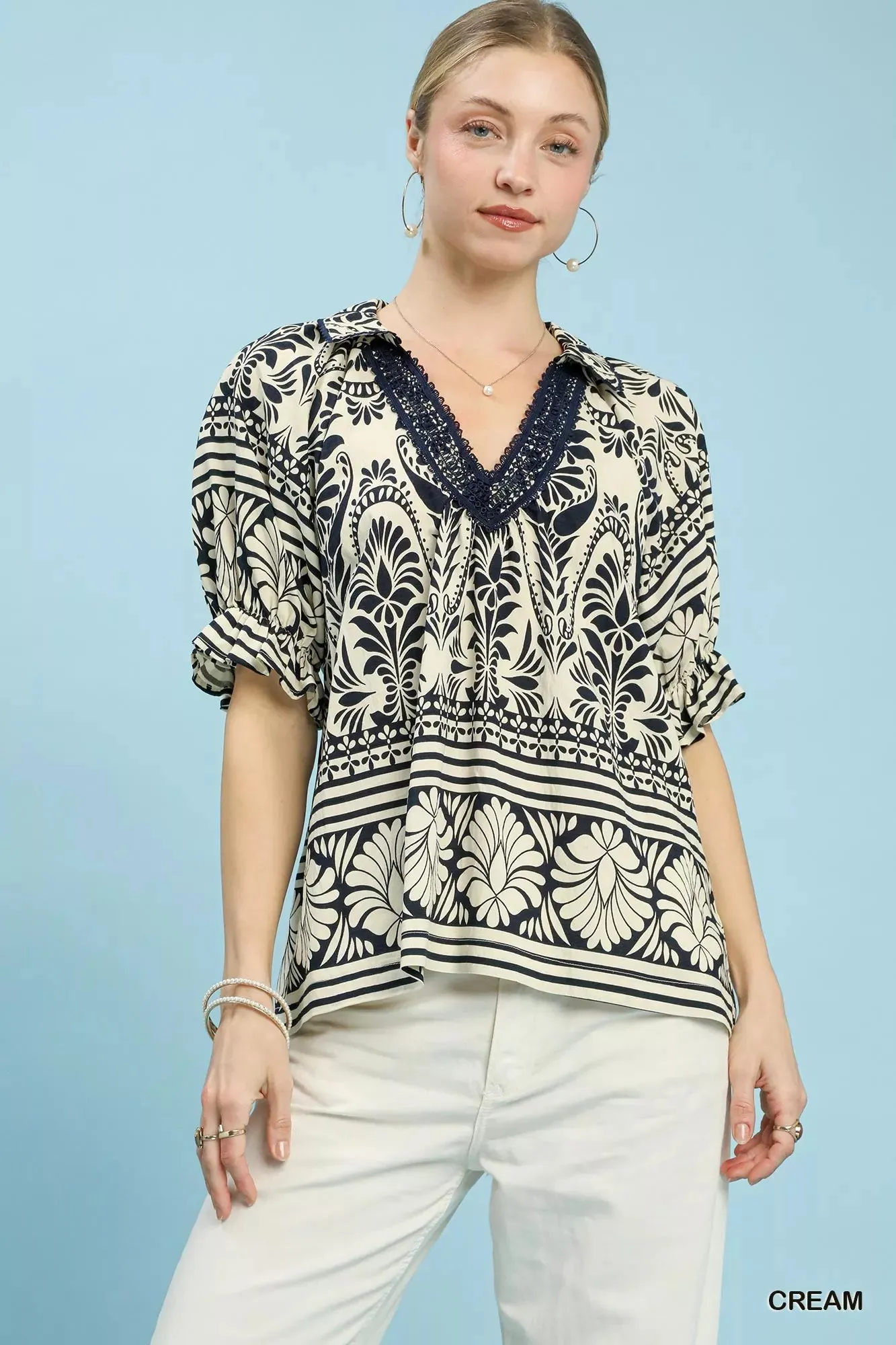 Umgee Two Tone Boarder Print Top sold by Charming Charlie