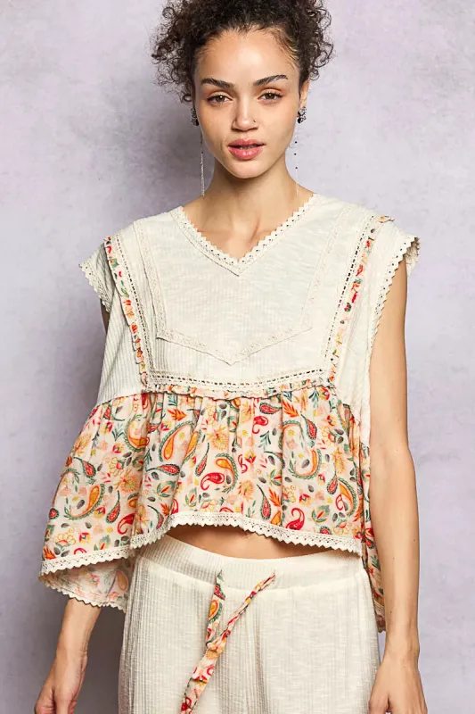 POL Lace Detail Floral Cropped Ruffled Top sold by Charming Charlie