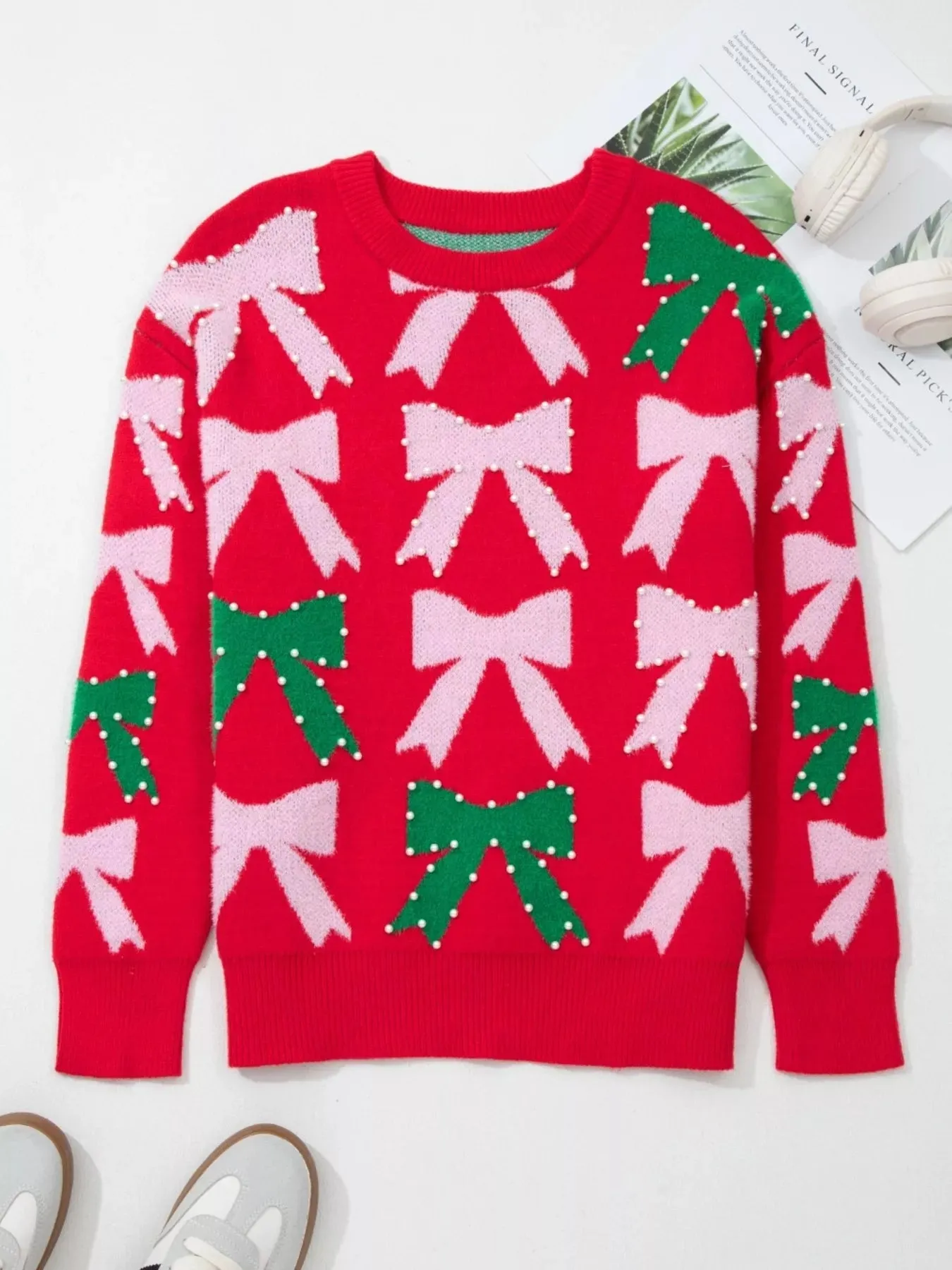 Bow Pearl Embellished Christmas Holiday Sweater sold by Charming Charlie product image thumbnail 4