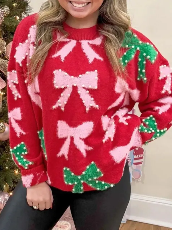 Bow Pearl Embellished Christmas Holiday Sweater sold by Charming Charlie