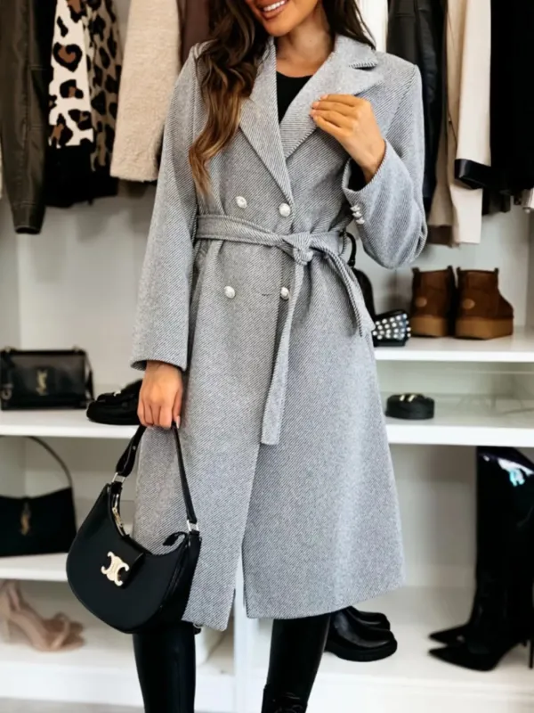 Double-Breasted Tie Waist Overcoat sold by Charming Charlie