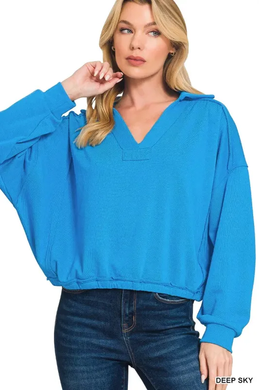 Zenana French Terry Collared Exposed Seam Sweatshirt sold by Charming Charlie