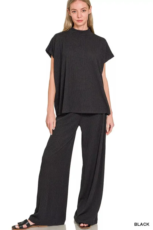 Zenana Raised Rib Short Sleeve Tee & Pants Set made by Trendsi