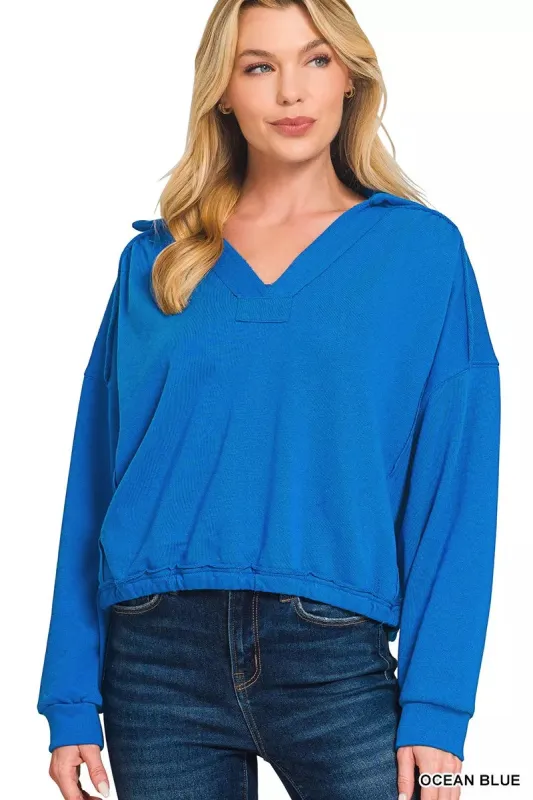 Zenana French Terry Collared Exposed Seam Sweatshirt sold by Charming Charlie