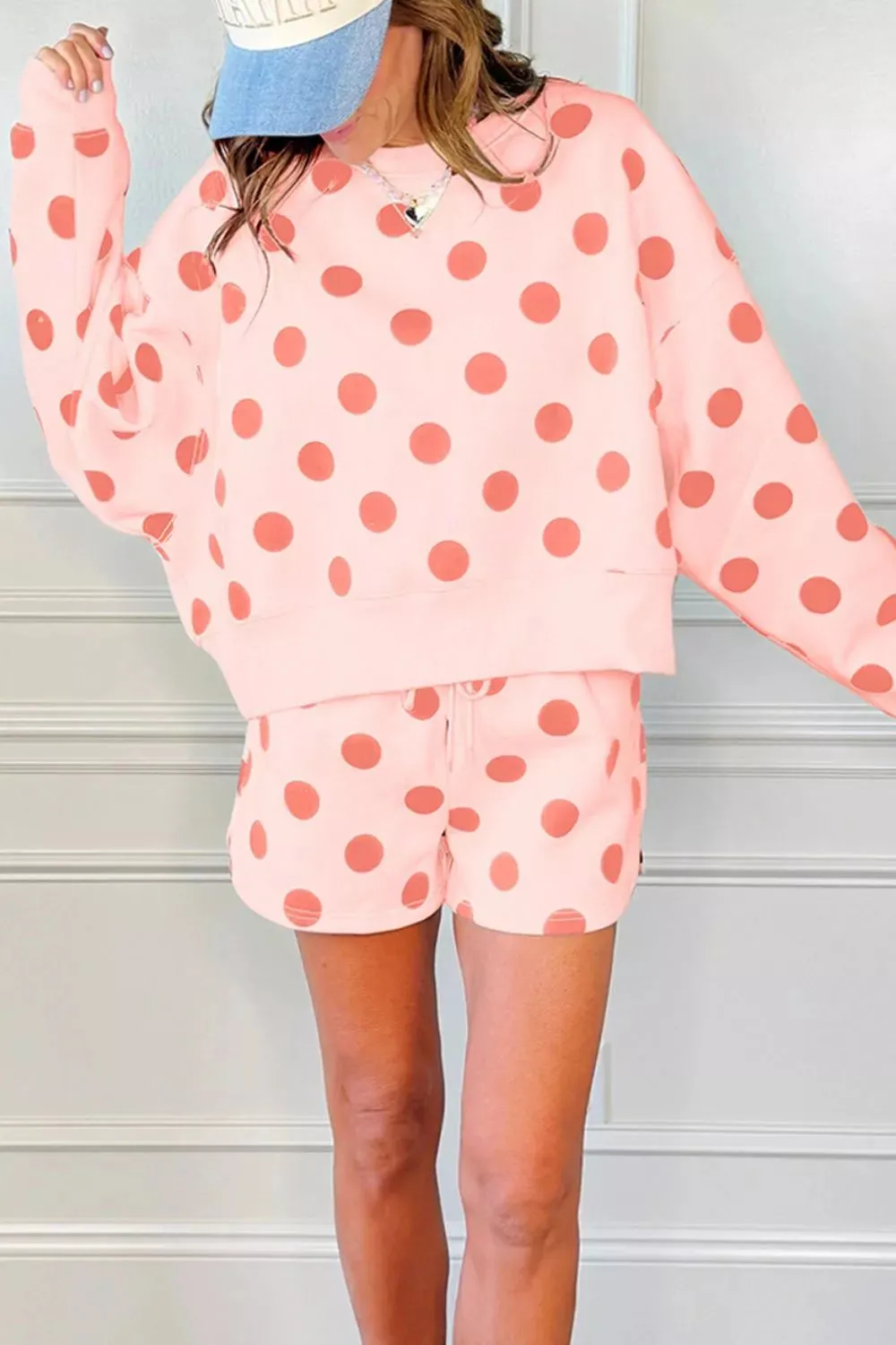 Polka Dot Print Drop Shoulder Pullover Drawstring Shorts Set sold by Charming Charlie product image thumbnail 4