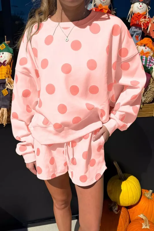 Polka Dot Print Drop Shoulder Pullover Drawstring Shorts Set sold by Charming Charlie