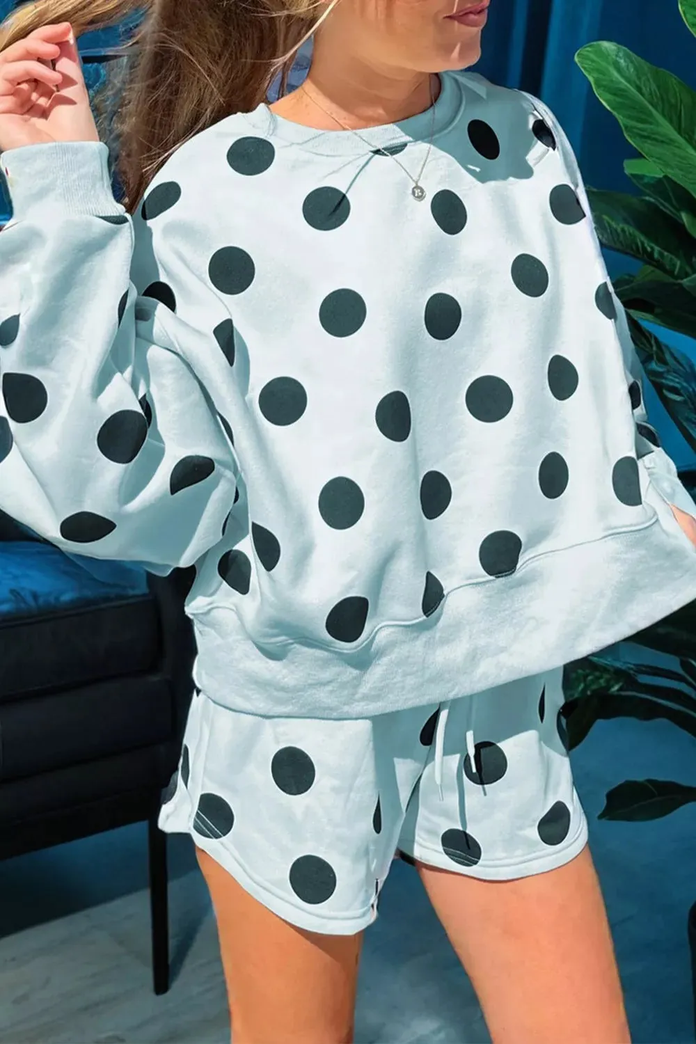 Polka Dot Print Drop Shoulder Pullover Drawstring Shorts Set sold by Charming Charlie product image thumbnail 5