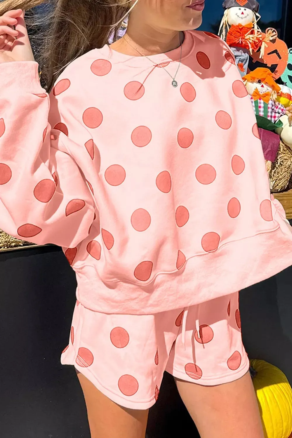 Polka Dot Print Drop Shoulder Pullover Drawstring Shorts Set sold by Charming Charlie product image thumbnail 2