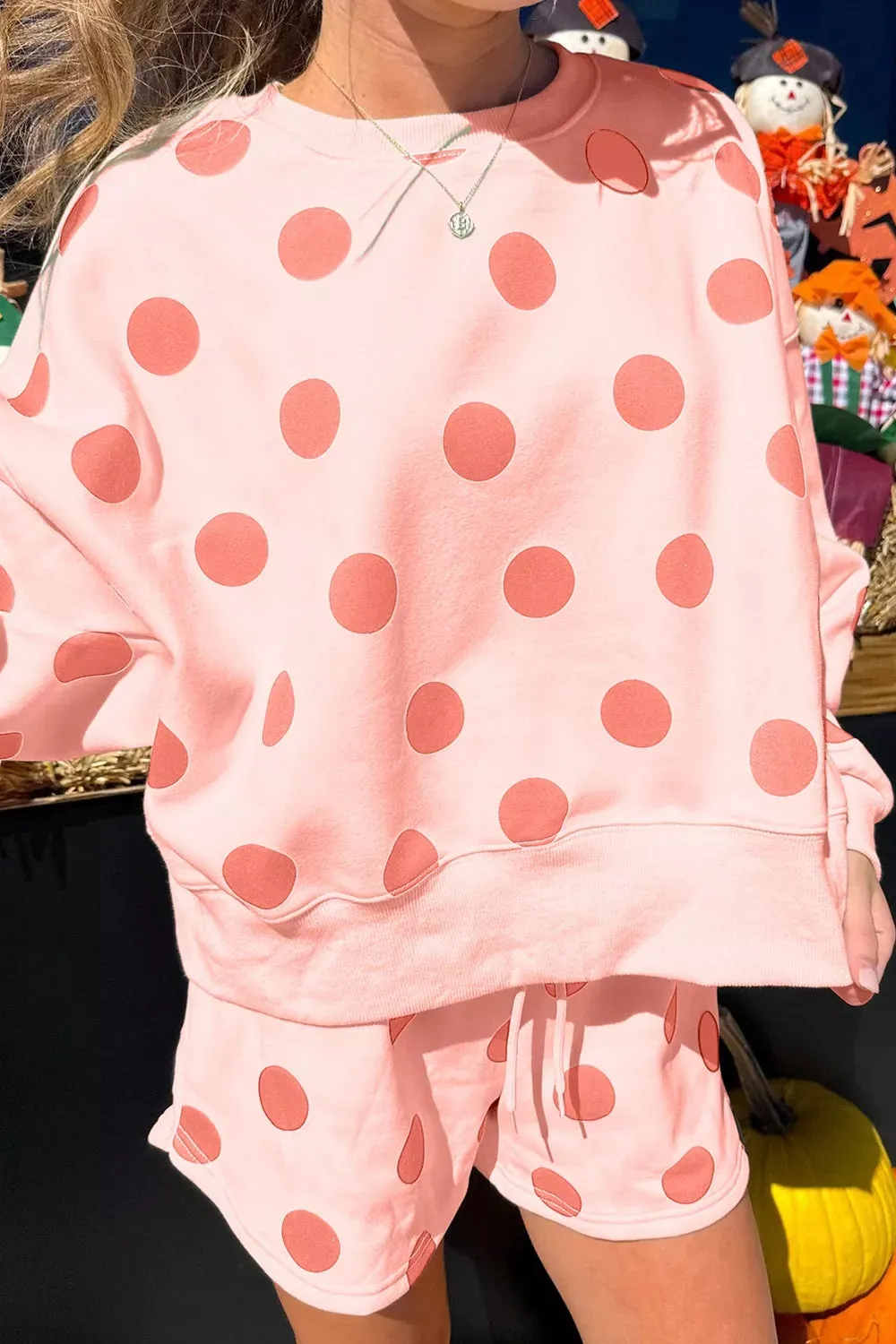 Polka Dot Print Drop Shoulder Pullover Drawstring Shorts Set sold by Charming Charlie product image thumbnail 3