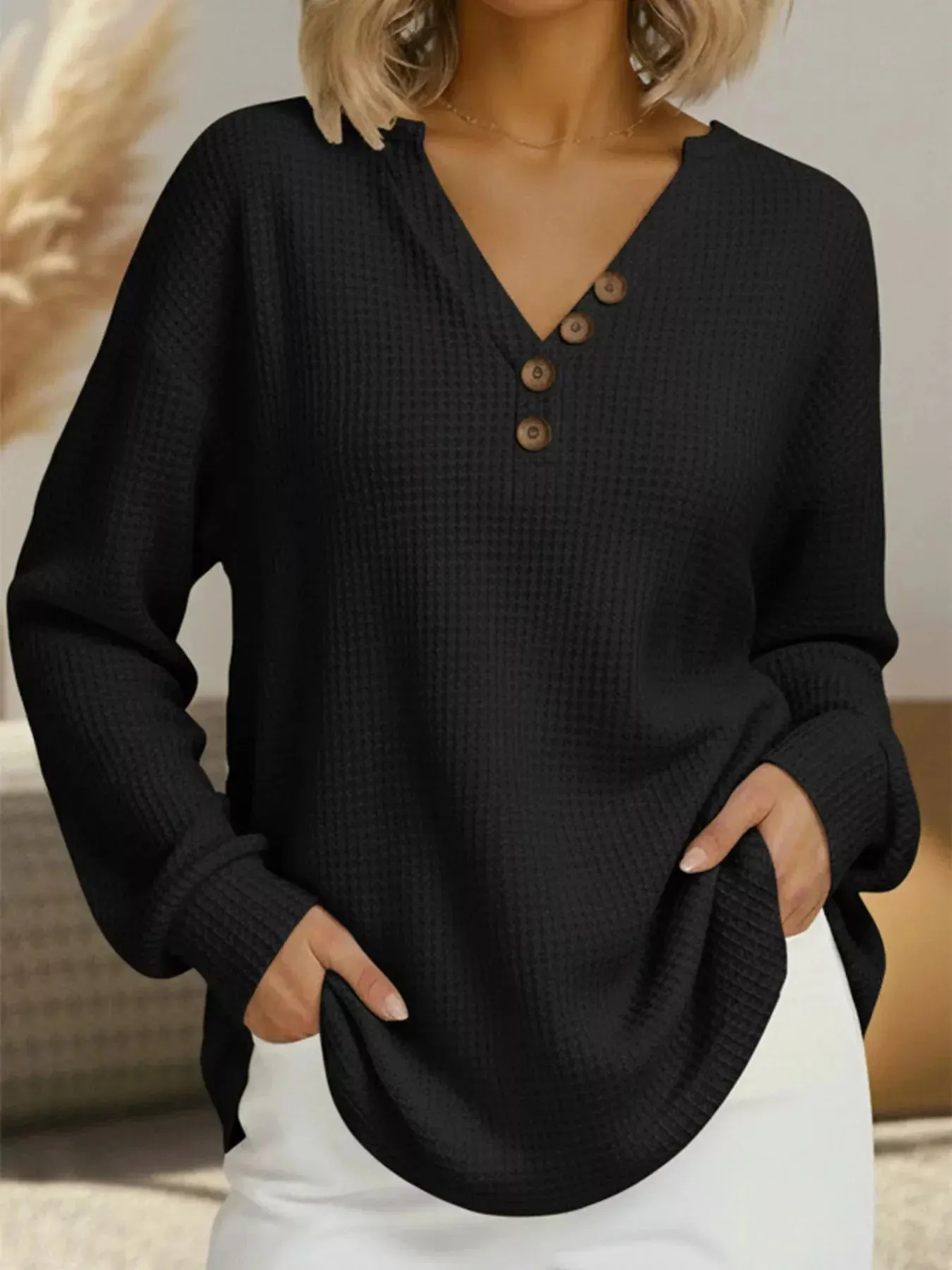 Full Size Waffle Knit V-Neck T-Shirt Plus Size sold by Charming Charlie product image thumbnail 4