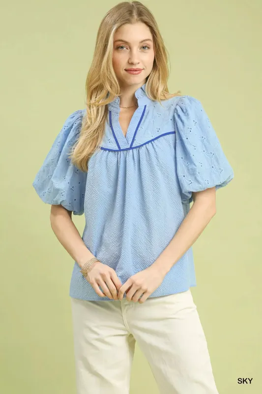 Umgee Puff Sleeve Eyelet Mix Top with Contrast Piping sold by Charming Charlie
