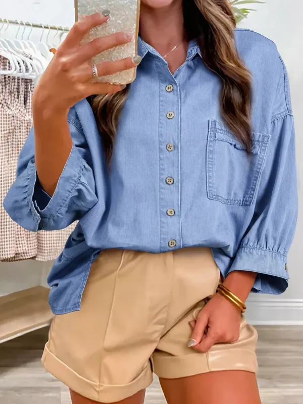 Casual Button Up 3/4 Sleeve Shirt made by Trendsi