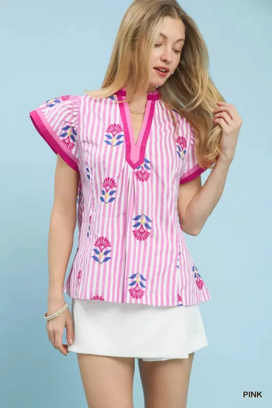 Umgee Embroidered Striped Flutter Sleeve Top sold by Charming Charlie