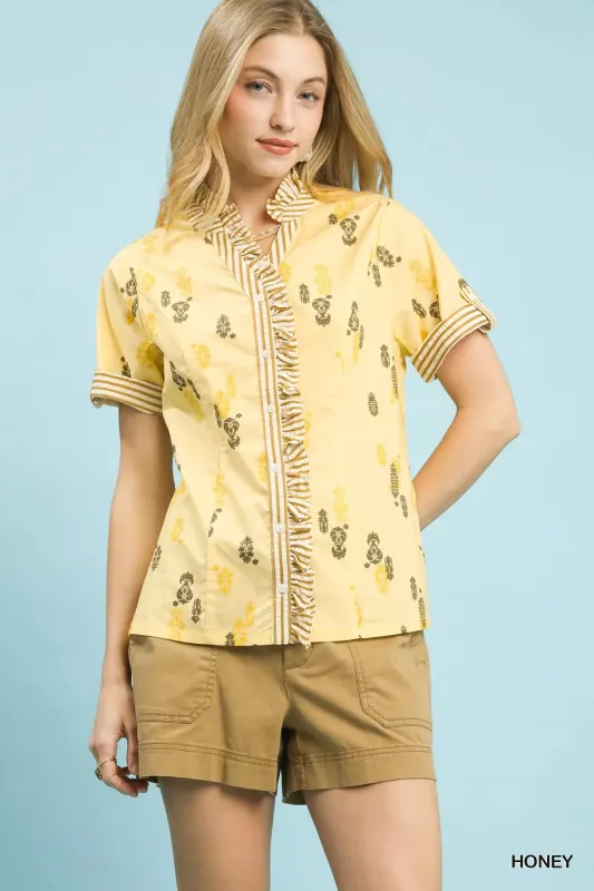 Umgee Printed Ruffle Trim Button Front Blouse sold by Charming Charlie
