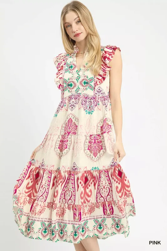 Umgee Boho Boarder Print Ruffle Midi Dress sold by Charming Charlie