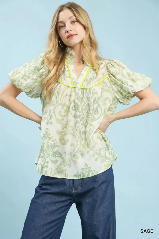 Umgee Damask Puff Sleeve Top sold by Charming Charlie