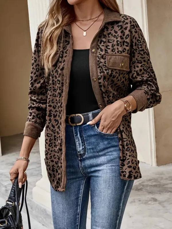 Leopard Print Corduroy Button-Up Jacket sold by Charming Charlie