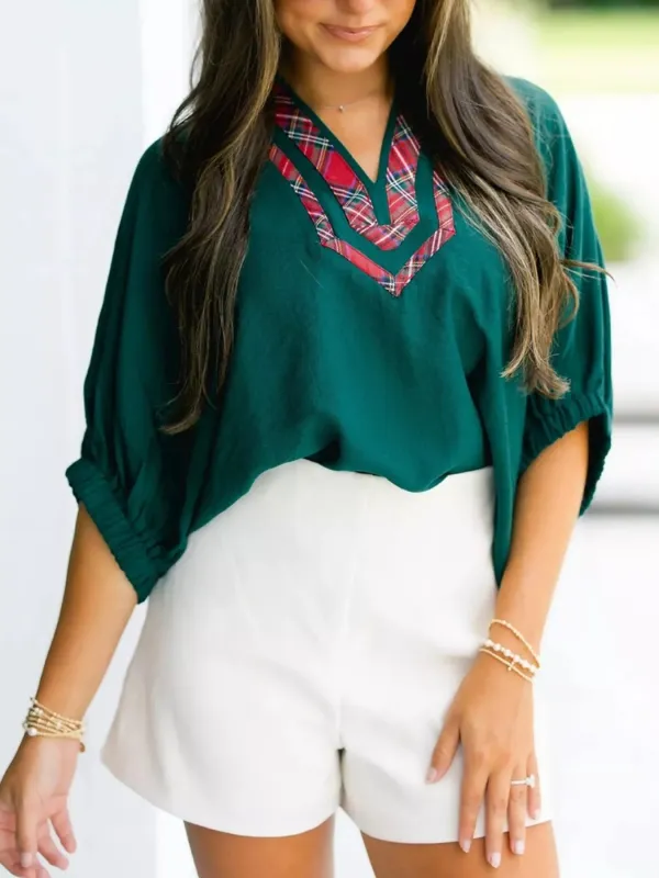 Plaid Trim Half Sleeve Blouse sold by Charming Charlie