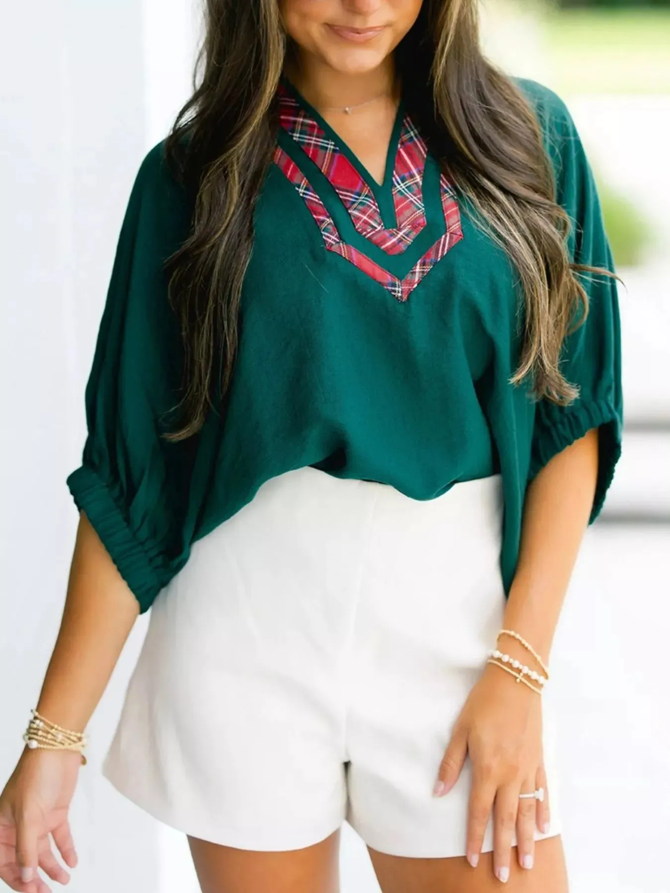 Plaid Trim Half Sleeve Blouse sold by Charming Charlie