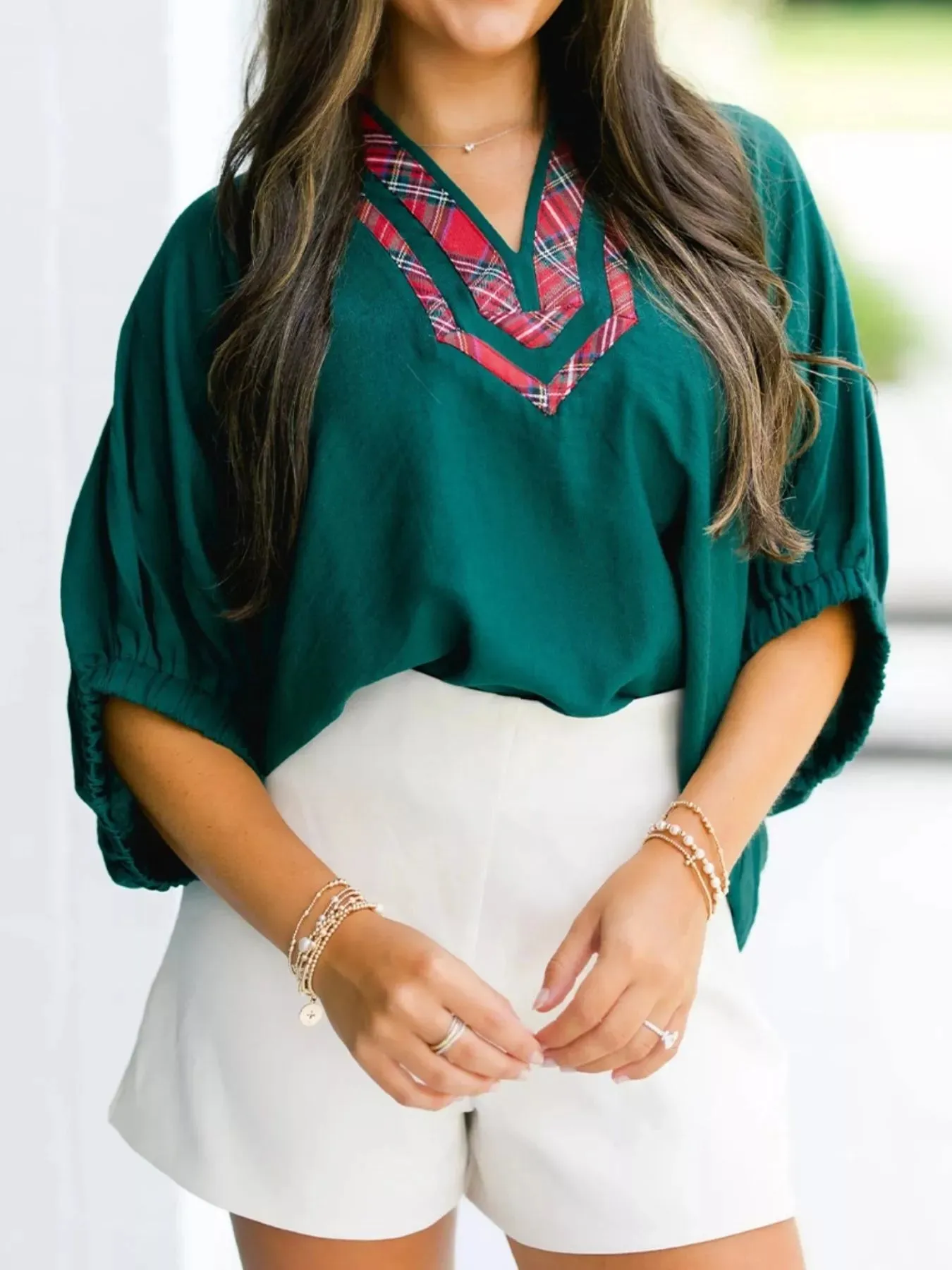 Plaid Trim Half Sleeve Blouse sold by Charming Charlie product image thumbnail 2