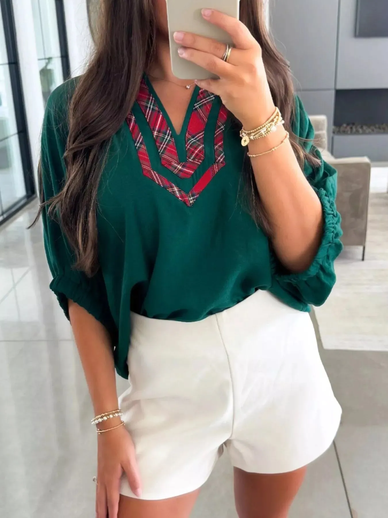 Plaid Trim Half Sleeve Blouse sold by Charming Charlie product image thumbnail 3