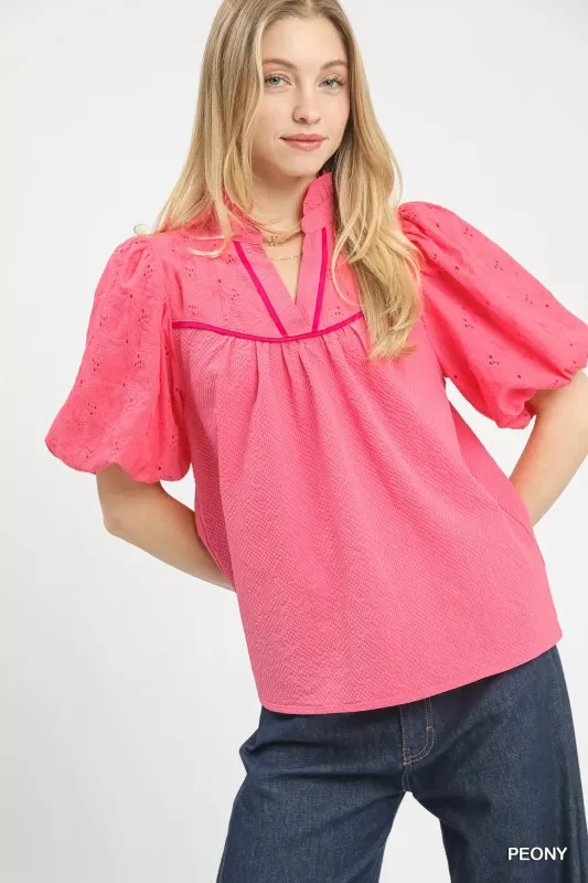Umgee Puff Sleeve Eyelet Mix Top with Contrast Piping sold by Charming Charlie
