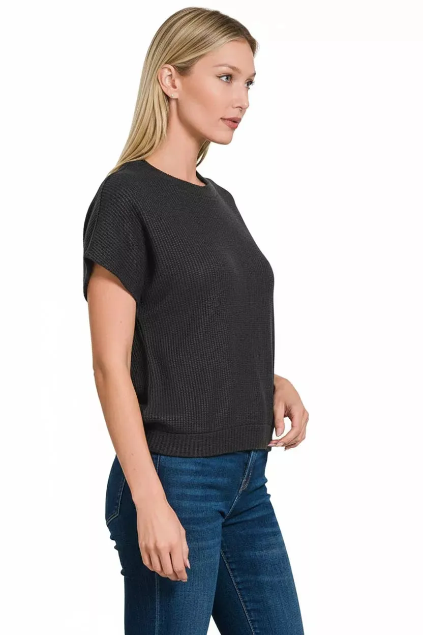 Zenana Round Neck Banded Botton Short Sleeve Sweater sold by Charming Charlie product image thumbnail 2
