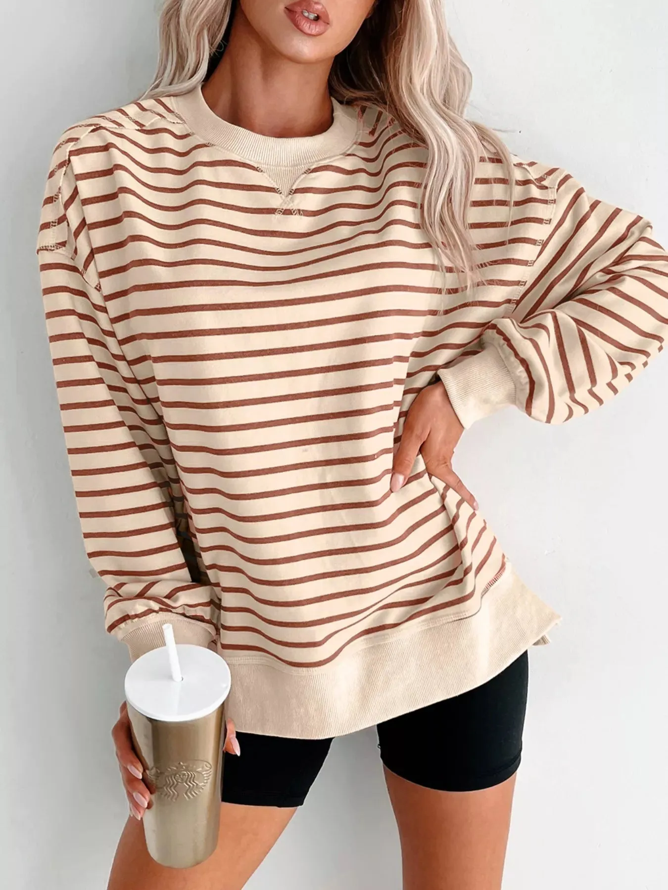 Striped Crew Neck Casual Sweatshirt sold by Charming Charlie