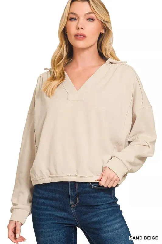 Zenana French Terry Collared Exposed Seam Sweatshirt sold by Charming Charlie