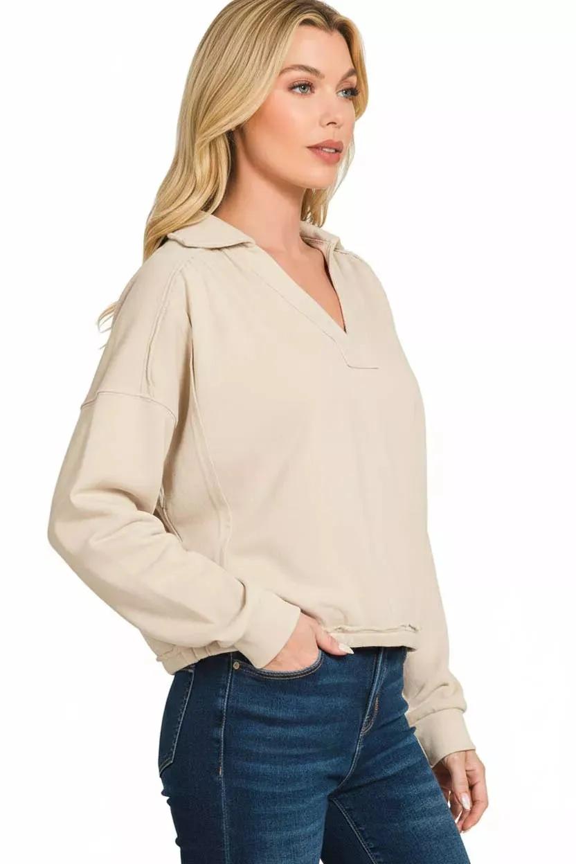 Zenana French Terry Collared Exposed Seam Sweatshirt sold by Charming Charlie product image thumbnail 3