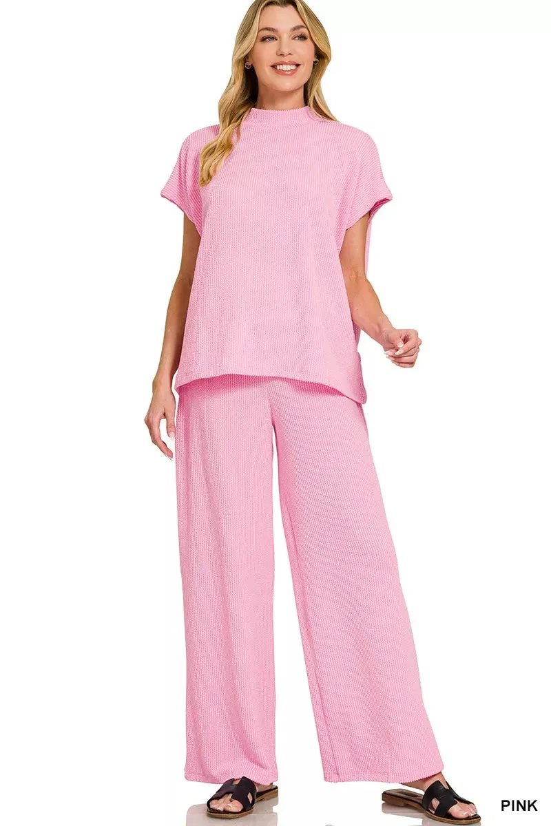 Zenana Raised Rib Short Sleeve Tee & Pants Set sold by Charming Charlie