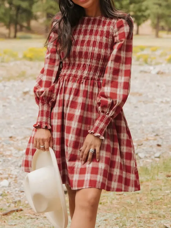 Plaid Smocked Long Sleeve Mini Dress made by Trendsi