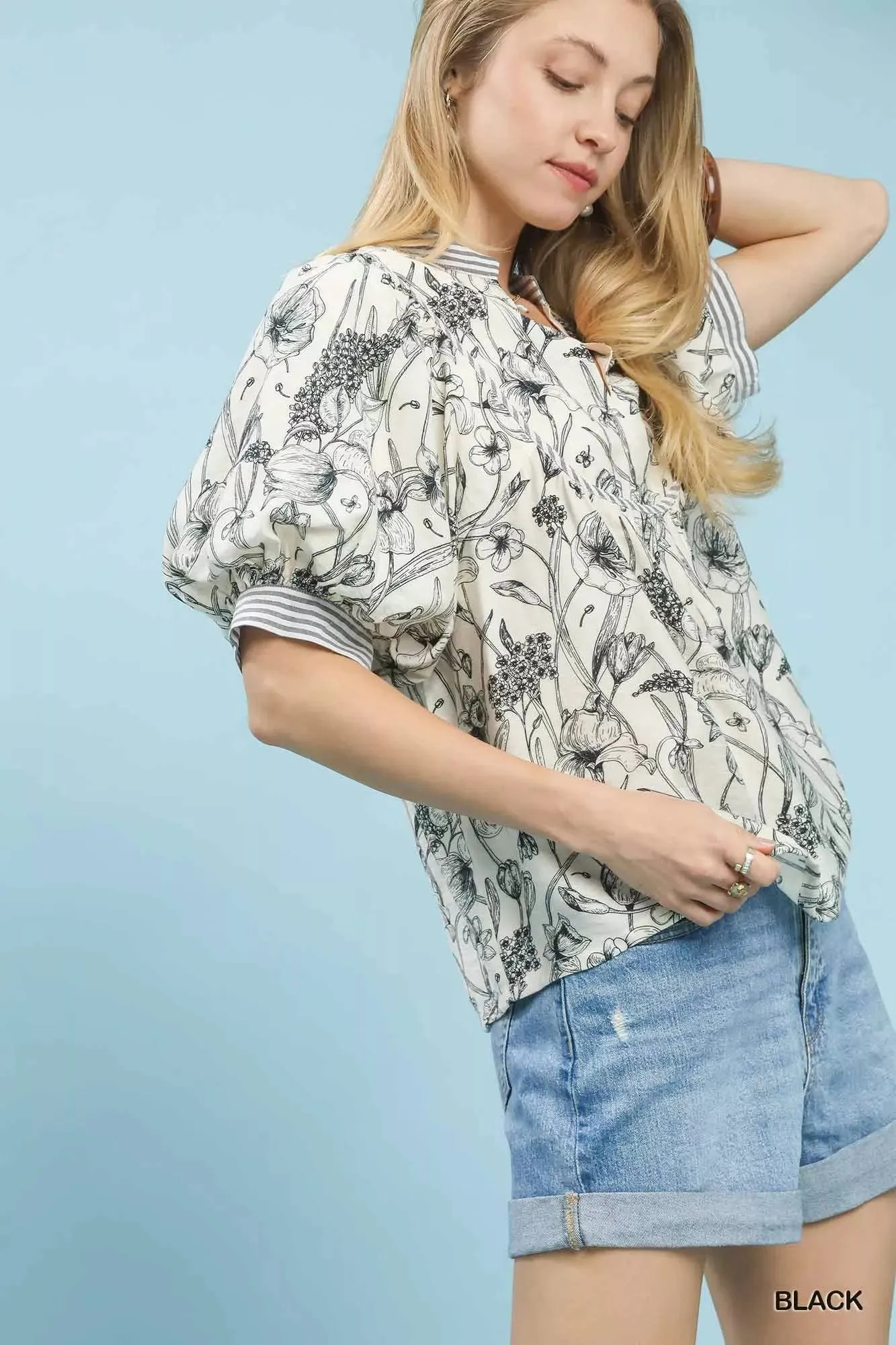 Umgee Mixed Print Puff Sleeve Split Neck Top sold by Charming Charlie product image thumbnail 3