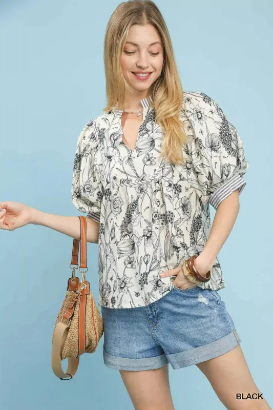 Umgee Mixed Print Puff Sleeve Split Neck Top sold by Charming Charlie