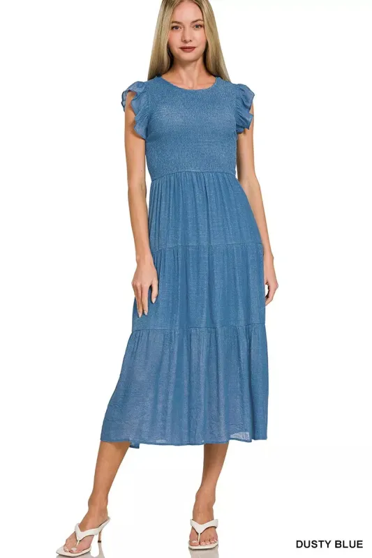 Zenana Woven Smocked Ruffle Sleeve Midi Dress sold by Charming Charlie