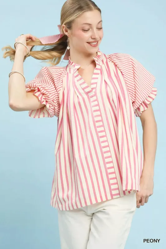 Umgee Striped Notched Top with Short Flutter Sleeves sold by Charming Charlie