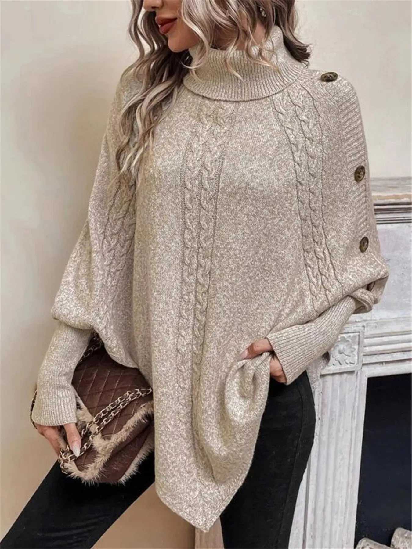 Cable Knit Turtleneck Cape Sweater sold by Charming Charlie product image thumbnail 4