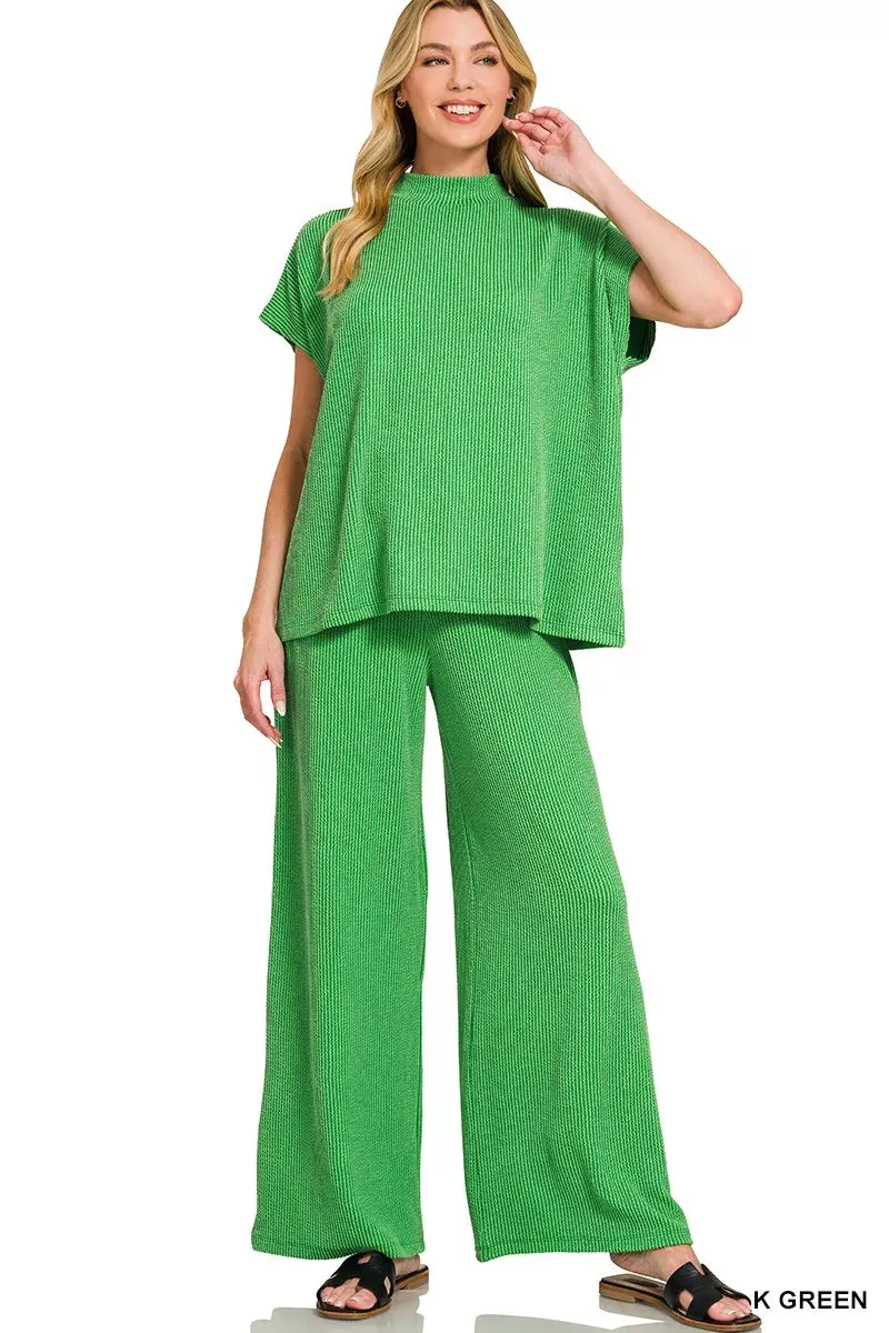 Zenana Raised Rib Short Sleeve Tee & Pants Set sold by Charming Charlie