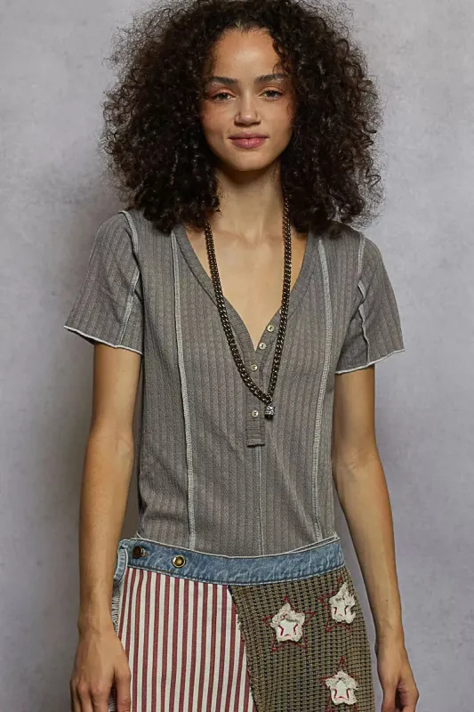 POL V-Neck Short Sleeve Top with Stitch Seam Detail sold by Charming Charlie