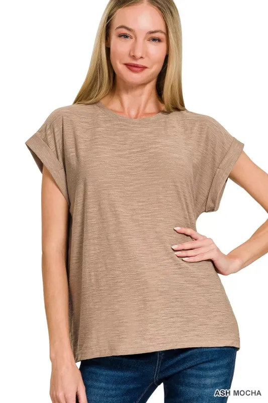 Zenana Slub Cuffed Sleeve Tee sold by Charming Charlie