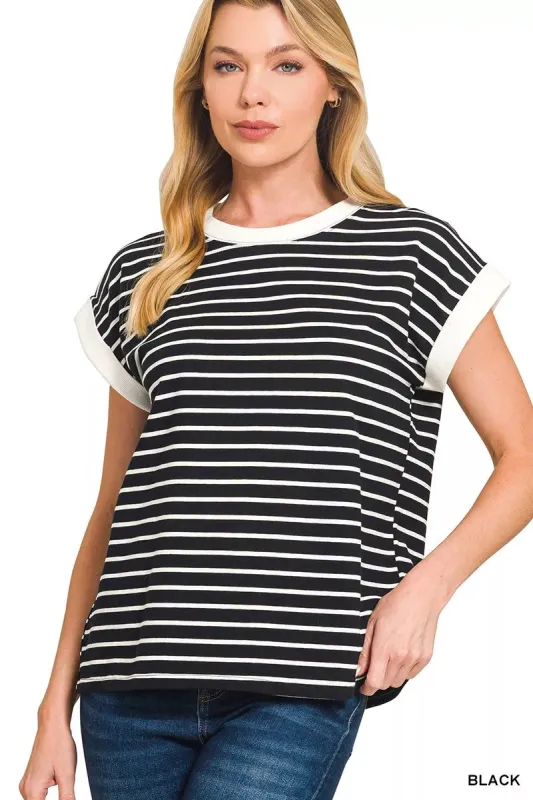 Zenana Full Size Contrast Trim Cap Sleeve Stripe Tee Plus Size sold by Charming Charlie