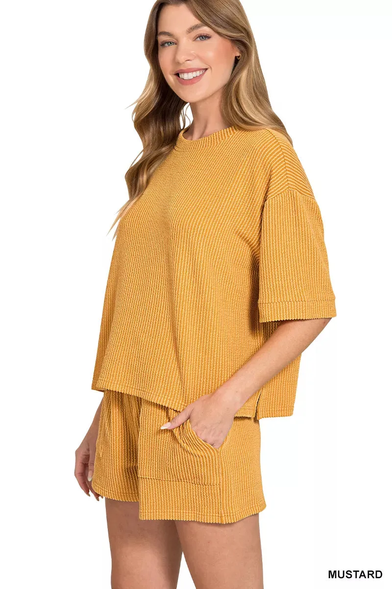 Zenana Raised Rib Short Sleeve Tee and Drawstring Shorts Set sold by Charming Charlie product image thumbnail 2