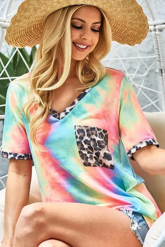 BiBi Tie Dye Print V Neck Top With Front Patch Pocket sold by Charming Charlie