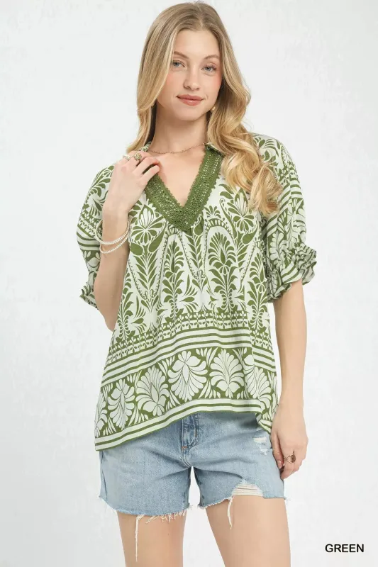 Umgee Two Tone Boarder Print Top sold by Charming Charlie