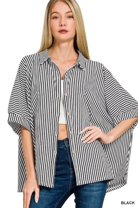 Zenana Oversized Stripe Button Down Shirt sold by Charming Charlie