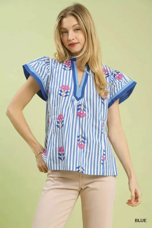 Umgee Embroidered Striped Flutter Sleeve Top sold by Charming Charlie